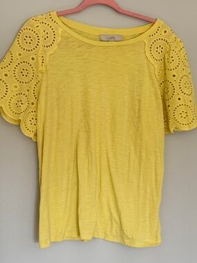 LOFT Yellow Eyelet Flutter Sleeve Tee